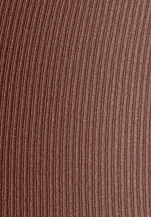 Textured brown material with vertical ribbing, featuring a subtle sheen. Smooth finish with consistent pattern across the surface.