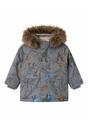 Pelēks džemperis ar dinosaura rakstu dažādās krāsās, ar mākslīgās kažokādas oderi kapucei un mīkstu iekšējo oderi siltumam.