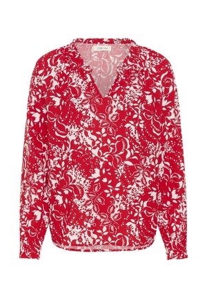 Rød bluse med lange ærmer, V-udskæring og hvide blomsterprint. Letvægtsstof med afslappet pasform og smockede ærmekanter.