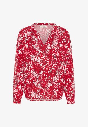 Rød bluse med lange ærmer, V-udskæring og hvide blomsterprint. Letvægtsstof med afslappet pasform og smockede ærmekanter.