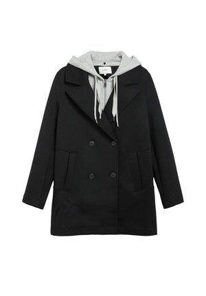 Manteau noir croisé avec larges revers et sweat à capuche gris clair fixé avec cordons et fermeture éclair à l'avant.