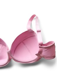 Pink bra with soft fabric, underwire support, molded cups, and adjustable straps. Interior features smooth texture and stitching details.
