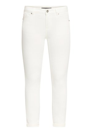 Hvide, slanke, korte jeans med frontknap og lynlåslukning, bæltestropper og design med fem lommer.