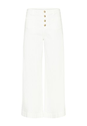 Pantalons larges blancs avec une finition texturée, dotés d'une taille haute et d'une fermeture à cinq boutons dorés. Comprend deux poches avant.