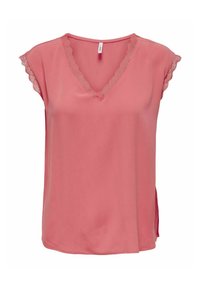 Rosa bluse med V-hals, korte ermer med blonder, og sidespalter. Laget av et glatt stoff med en drapert passform.