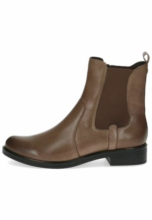 Brązowy skórzany botek za kostkę z elastycznymi panelami bocznymi, zaokrąglonym noskiem i niskim, blokowym obcasem, charakteryzujący się gładką fakturą i subtelnym przeszyciem.