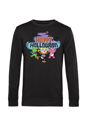Chemise à manches longues noire ornée de colorés ours de dessins animés avec des motifs d'Halloween, comprenant le texte "Joyeux Halloween" et des accents squelettiques.