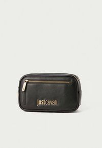 Fekete Just Cavalli bőr övtáska arany cipzárral és logóval az elején, téglalap alakú, texturált felületű.
