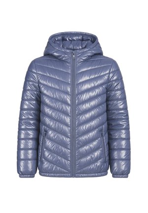 Blauwe gewatteerde capuchonjas met ritssluiting aan de voorkant en zijzakken, met chevron- en horizontale stikpatronen.