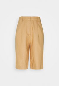 Beige linen shorts with a tailored design, featuring a mid-rise waist, pleated front, and a knee-length cut. Smooth texture and clean lines.