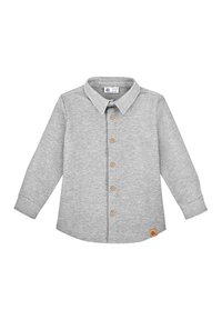Szara koszula z długim rękawem wykonana z miękkiego materiału, z zapięciem na guziki z przodu, klasycznym kołnierzykiem, drewnianymi guzikami i małą naszywką z logo na dole.
