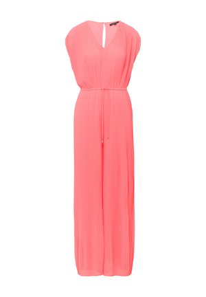 Vestito maxi plissè rosa con scollatura a V, maniche corte e vita svasata. Realizzato in tessuto leggero con una silhouette fluida.