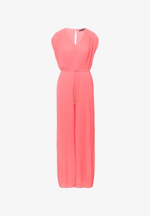 Pink pleated maxi dress with a V-neckline, short sleeves, and a cinched waist. Made of lightweight fabric with a flowing silhouette.