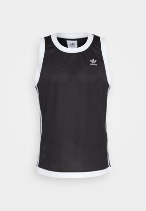 Svart ärmlös mesh-idrottstopp med vit kant och tre vertikala ränder på varje sida. Har Adidas-loggan på framsidan.