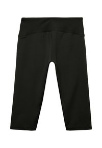 Svarta capri-leggings gjorda av stretchigt tyg, med en bred, ribbad midja och en slät textur utan synliga mönster eller detaljer.