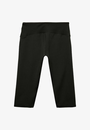 Leggings capri negros hechos de tela elástica, con una cinturilla ancha y acanalada, y una textura suave sin patrones o acentos visibles.