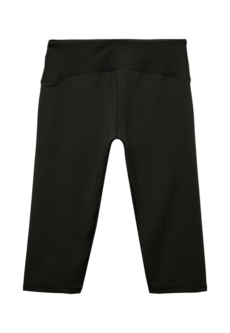 Svarta capri-leggings gjorda av stretchigt tyg, med en bred, ribbad midja och en slät textur utan synliga mönster eller detaljer.