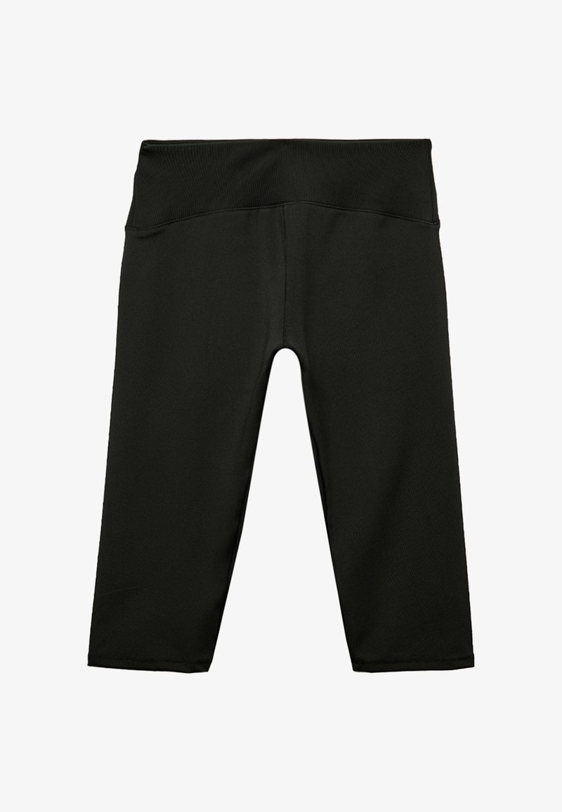 Leggings capri noirs en tissu extensible, dotés d'une large ceinture côtelée et d'une texture lisse sans motifs ni accents visibles.