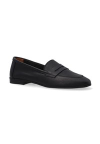 Sorte læder loafers med rund tå, der har en syet frontdetalje og en lav hæl. Glat tekstur med minimal udsmykning.