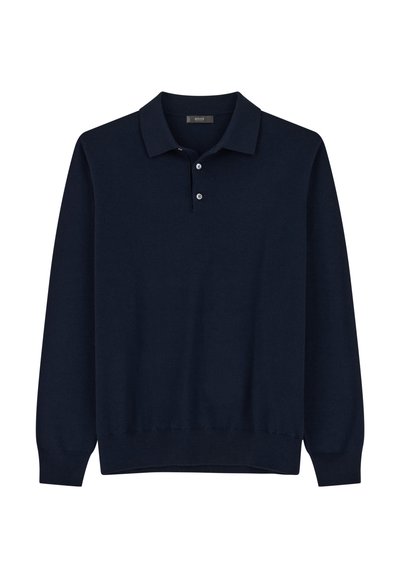 Polo bleu marine à manches longues avec deux boutons blancs et poignets ainsi qu'ourlet côtelés, présenté sur fond blanc.