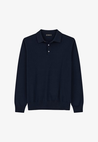 Polo bleu marine à manches longues avec deux boutons blancs et poignets ainsi qu'ourlet côtelés, présenté sur fond blanc.