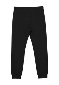 Schwarze Jogginghose aus weichem Stoff, mit einem elastischen Bund und gerippten Knöchelbündchen, geradem Beindesign und ohne sichtbare Verzierungen.