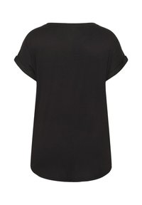 Tricou negru cu mânecă scurtă, cu guler rotund și mâneci răsucite. Material moale, cu o croială lejeră și o margine dreaptă. Fără modele vizibile.