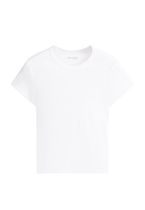 T-shirt court blanc uni à manches courtes avec col rond, présenté sur fond blanc.