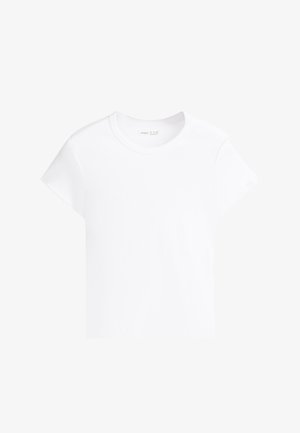 Simpel hvid kortærmet cropped t-shirt med rund halsudskæring, vist på en hvid baggrund.