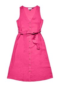 Rotes Leinenkleid mit V-Ausschnitt, Knopfleiste und verstellbarem Taillenzug. Das Kleid hat eine Midi-Länge und eine lässige Silhouette.