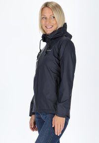 Navy waterproof jacket with a hood, featuring a zippered front and side pockets, made from smooth, lightweight fabric. Adjustable drawstrings included.