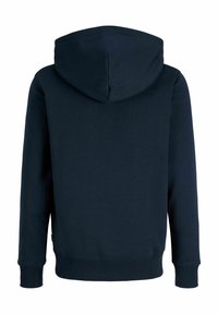Sweat à capuche bleu marine foncé avec manches longues, poignets et taille côtelés, présenté de dos sur fond blanc.