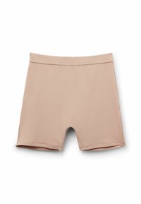 Kortebroek in een lichtbeige kleur, gemaakt van ribstof. Heeft een gladde tailleband en is tot halverwege de dijen gesneden met een rechte zoom.