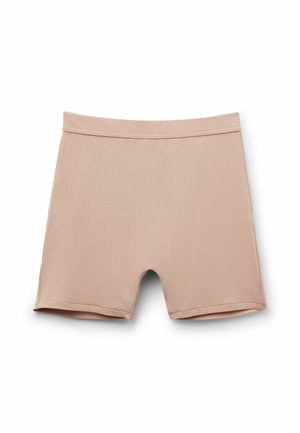 Hosen in einem hellen Beigeton, aus geripptem Stoff gefertigt. Verfügen über einen glatten Bund und sind bis zur Mitte des Oberschenkels geschnitten mit einem geraden Saum.