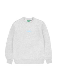 Jasnoszara bluza wykonana z miękkiego materiału. Posiada okrągły dekolt, ściągacze przy rękawach i na dole oraz małe niebieskie logo na piersi.