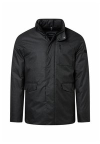 Schwarz gemusterte Jacke mit hohem Kragen, Reißverschluss vorn und mehreren Taschen. Verfügt über gesteppte Textur und Druckknopf-Akzente.