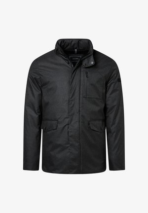 Schwarz gemusterte Jacke mit hohem Kragen, Reißverschluss vorn und mehreren Taschen. Verfügt über gesteppte Textur und Druckknopf-Akzente.