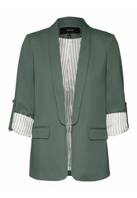 Grön kavaj med sjalkrage, öppen front, två framfickor och uppkavlade ärmar som avslöjar en randig innerfoder.