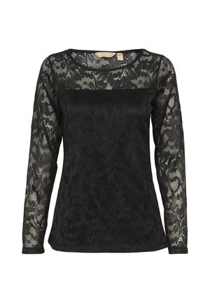 Černý krajkový top s dlouhými rukávy, zdobený květinovým vzorem, s průhlednými rukávy a pevným černým panelem na hrudi s kulatým výstřihem.