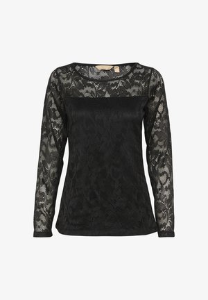 Schwarzes Spitzenshirt mit langen Ärmeln, das ein Blumenmuster, durchsichtige Ärmel und ein solides schwarzes Einsatz an der Brust mit Rundhalsausschnitt aufweist.