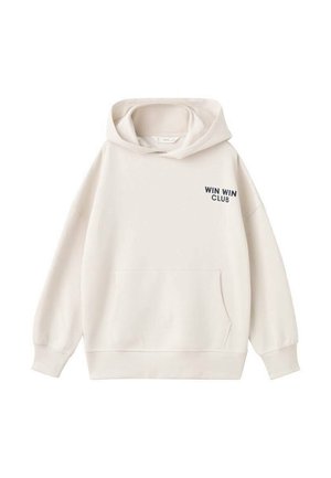 Sweat à capuche de couleur écrue avec une poche avant. Présente un texte bleu marine "WIN WIN CLUB" sur la poitrine gauche. Tissu doux et coupe décontractée.