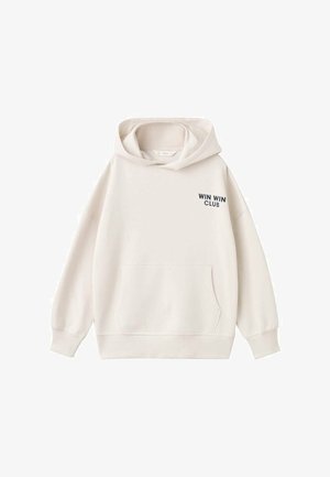 Felpa con cappuccio in bianco sporco con tasca frontale. Presenta il testo blu navy "WIN WIN CLUB" sulla parte sinistra del petto. Tessuto morbido e vestibilità rilassata.