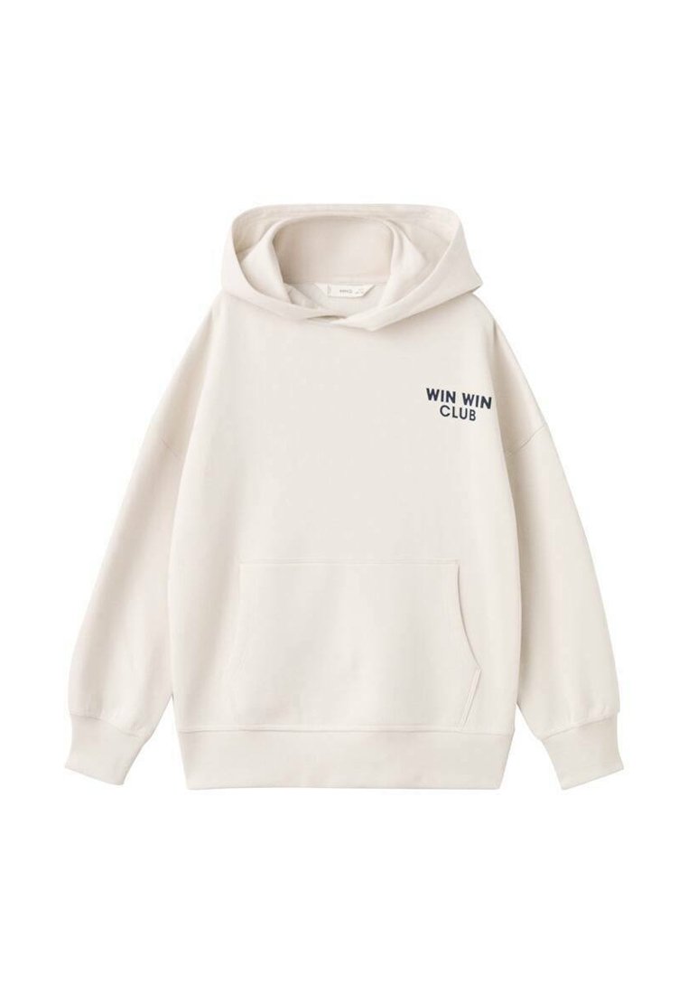 Sweat à capuche de couleur écrue avec une poche avant. Présente un texte bleu marine "WIN WIN CLUB" sur la poitrine gauche. Tissu doux et coupe décontractée.
