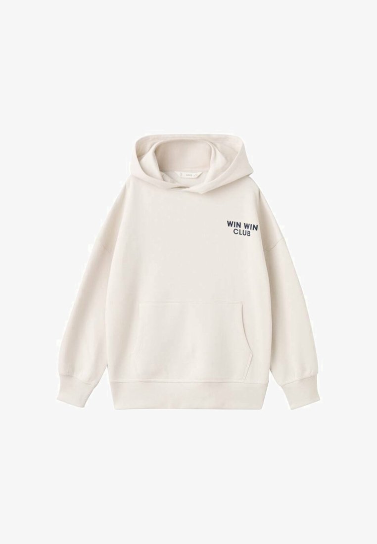 Felpa con cappuccio in bianco sporco con tasca frontale. Presenta il testo blu navy "WIN WIN CLUB" sulla parte sinistra del petto. Tessuto morbido e vestibilità rilassata.