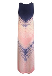 Abito maxi senza maniche in sfumature di blu navy e rosa con un motivo tie-dye. Tessuto morbido con una silhouette fluida e scollatura rotonda.
