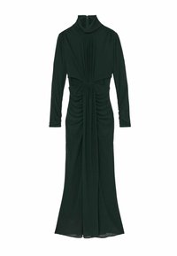 Tumedast roheline pika varrukaga kleit, millel on kõrge krae, rüüsidega detailing taljes ja voolav seelik. Valmistatud pehmest, tekstuuriga kangast.