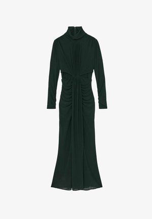 Ciemnozielona sukienka z długim rękawem, z wysokim kołnierzem, marszczeniami w talii oraz zwiewnym dołem. Wykonana z miękkiej, teksturowanej tkaniny.