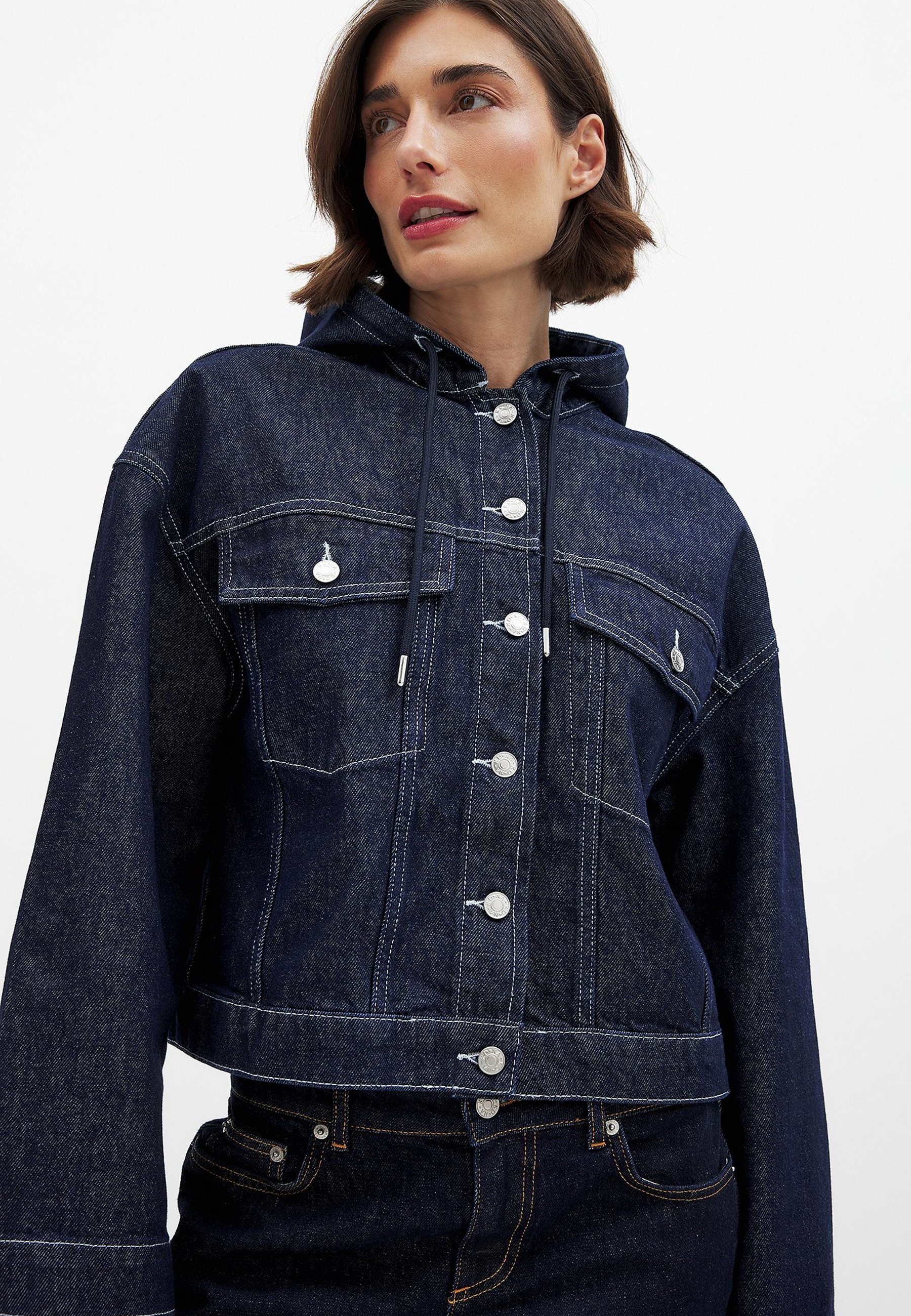 NA-KD HOODED - Denim jacket - rinse wash/blue-black denim - Zalando