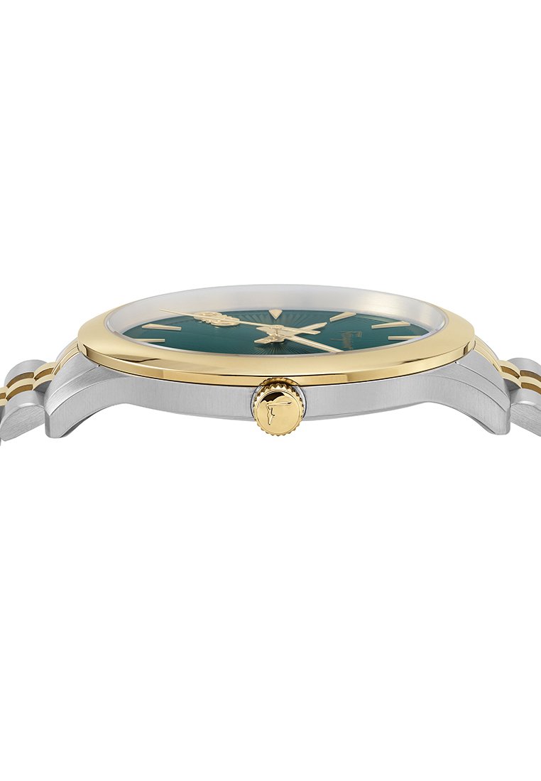 Edelstahlarmbanduhr mit goldenen Akzenten, grünem Zifferblatt und metallicfarbenen Stundenmarkierungen. Verfügt über eine strukturierte Lünette und eine Krone an der Seite.
