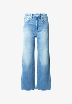 Lichtblauwe wijde spijkerbroeken van denim, met een hoge taille, vijf zakken en subtiele vervaging bij de dijen. Klassieke knoopsluiting.